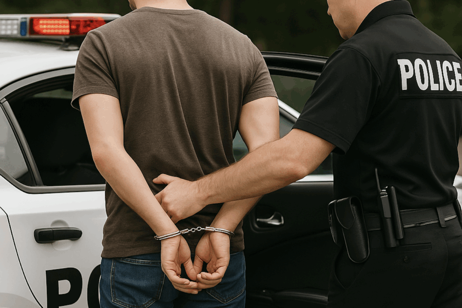 man being arrested by police officer.