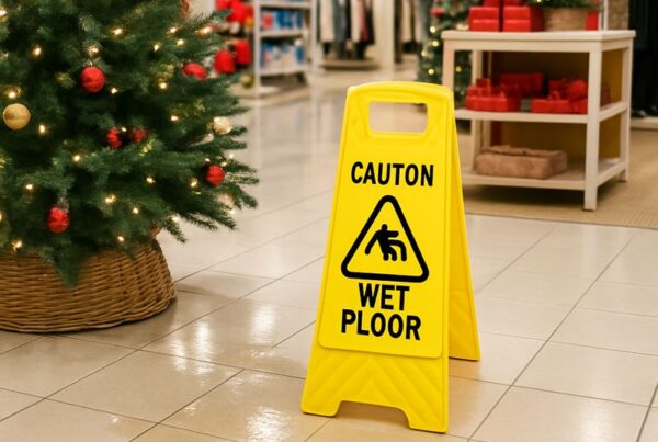 Wet tile floor inside a retail store decorated for the holidays with a caution sign and Christmas décor creating a slip-and-fall risk.