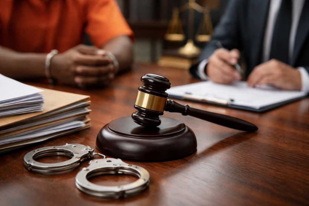 Judge’s gavel, handcuffs, and legal documents on a desk with a defendant and attorney in the background, representing a felony criminal defense case in Florida.